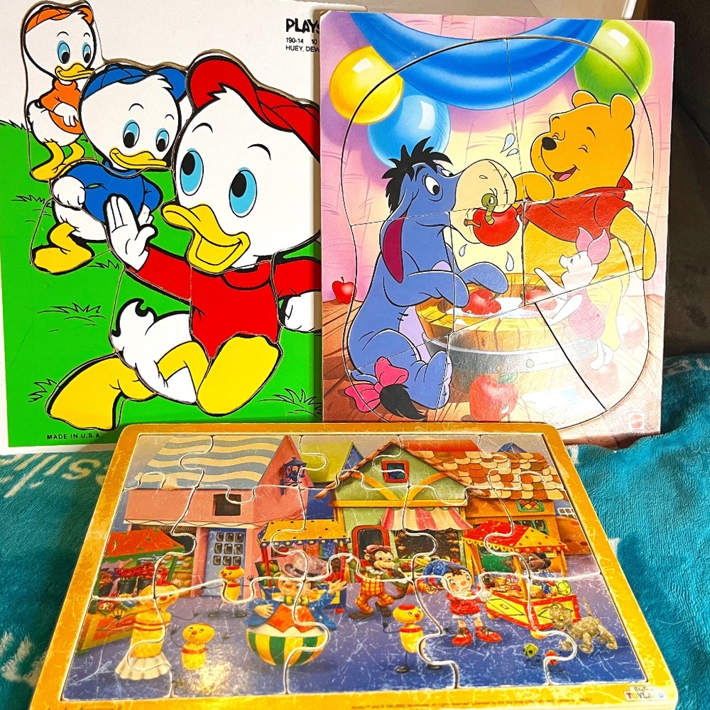 3 Vintage Wooden Puzzles Playskool, Winnie the Pooh, Kid Classics